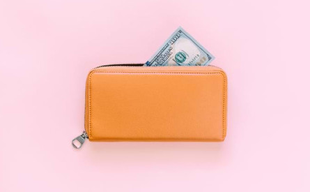 Photo of a yellow wallet with bank note poking out on pink background.